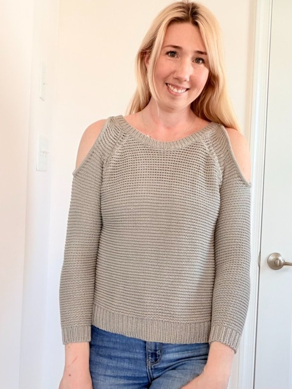 Off Shoulder Chunky Knit Sweater Gray Small Cozy Slouchy - Picture 2 of 9
